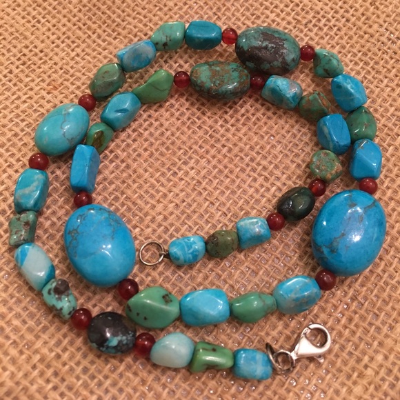 Turquoise Stone Necklace Sterling Clasp 18.5" - Picture 7 of 13